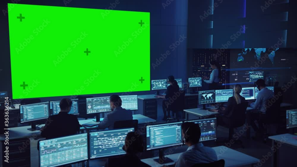Aufkleber Team of Professional Computer Data Science Engineers Work on Desktops in Control and Monitoring Room. Big Display has a Green Screen Mock Up, Others Showing Charts, Graphs and Technical Statistics.