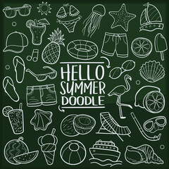 Hello Summer Vacations. Chalkboard Doodle Icons. Sketch Hand Made Design Vector Art.