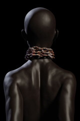 Black female afro american slave with heavy rusty chain around her neck