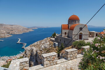 Monastery of Agios Savvas located on top of a hill above Pothia Town, the capital of Kalymnos, Dodecanese, Greece