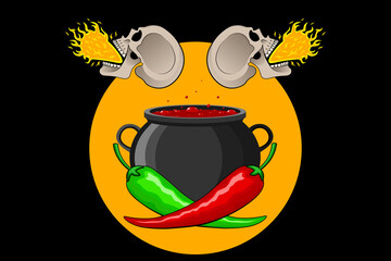 Hot mexican peppers. Green and red peppers on the background of a cauldron with hot simmering Mexican dish and skull with fire from the mouth