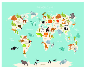 Vector map of the world with cartoon animals for kids. Eurasia, South America, North America, Australia and Africa. 