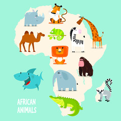 Vector map of Africa with animals. Card for children. Wild animals. Set of vector cartoon animals. Crocodile, elephant, lion, rhino, giraffe, gorilla, shark, lemur, turtle, zabra, camel
