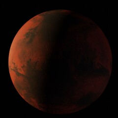 Planet mars centered on a black background with the sun shining from the left.