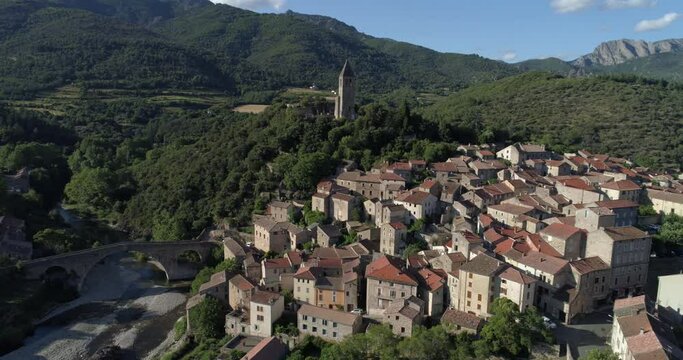 Olargues aerial lateral travelling, H&eacute;rault, labelled Les Plus Beaux Villages de France