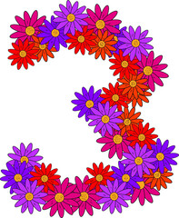 Flower font. Arabic numeral 3. Lots of colorful flower heads. Inflorescence. Bright petals. Purple, pink, red, orange. Romantic summer lettering. Score, math