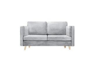 Hand drawn watercolor illustration of  modern gray minimalist sofa. Cosy home decor items. Isolated objects on white background. 
