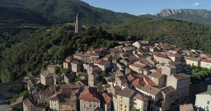 Olargues aerial back travelling, H&eacute;rault, labelled Les Plus Beaux Villages de France