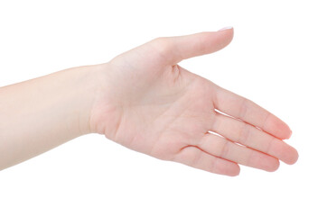 Woman hand handshake on white background isolation