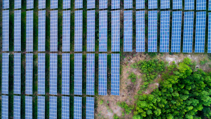 Aerial photography of modern large-scale photovoltaic solar panels.