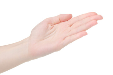 Woman hand showing pointing on white background isolation