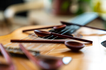 Fototapeta na wymiar Music notes made from wood. Hand made spoon stock photo