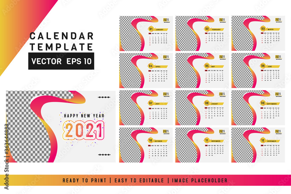 Poster set of desk calendar 2021 from january to december with image placeholder. easy editable and ready t
