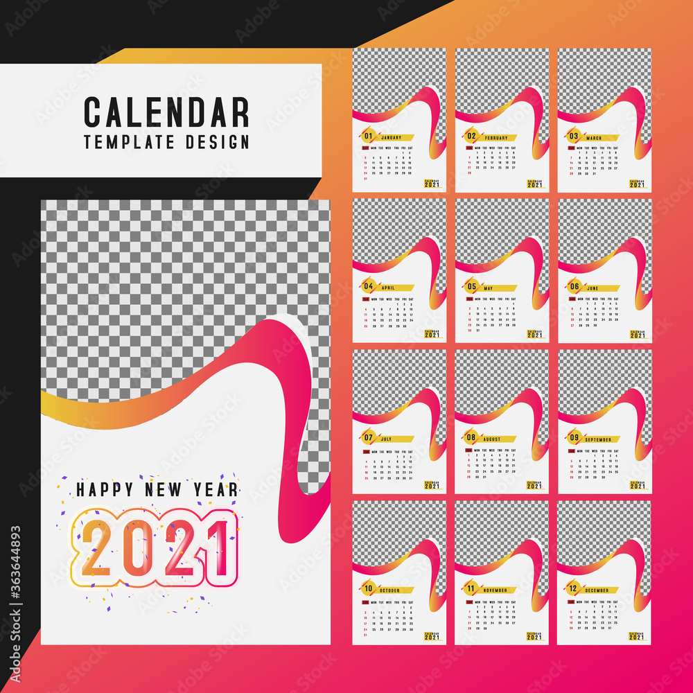 Poster set of desk calendar 2021 from january to december page with image placeholder. easy editable and re