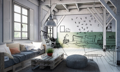 Truss Loft Bedroom with Pallet Furniture (project) - 3d visualization