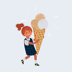 Vector illustration of small girl eating sweet ice-cream on white