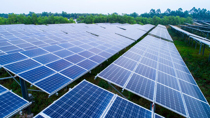 Detailed close-up of modern large photovoltaic solar panels.