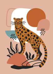 Modern poster design with Wild Cat or Leopard outdoors in the wilderness over an abstract background in muted colors, colored vector illustration