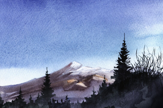 Peaceful Watercolor Landscape Of Dark Blurry Coniferous Trees Against Mountains With Snow Covered Peaks And Serene Blue Sky With Soft White Clouds. Hand Drawn Summer Illustration On Grained Paper