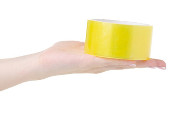 Hand holding Scotch tape on white background isolation