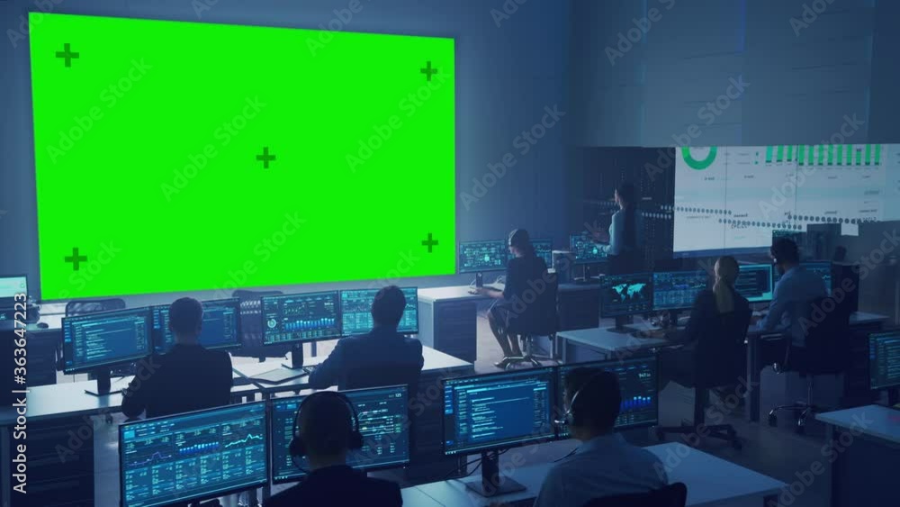 Aufkleber Team of Professional Computer Data Science Engineers Work on Desktops in Control and Monitoring Room. Big Display has a Green Screen Mock Up, Others Showing Charts, Graphs and Technical Statistics.