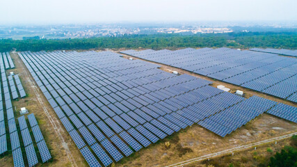 Aerial photography of modern large-scale photovoltaic solar panels.