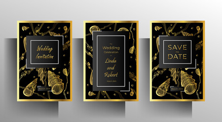 Wedding invitation template set. Gold and black graphic elements are hand-drawn. EPS 10 vector.