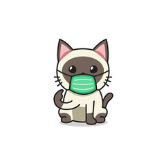 Cartoon character siamese cat wearing protective face mask for design.