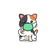 Cartoon character cute cat wearing protective face mask for design.
