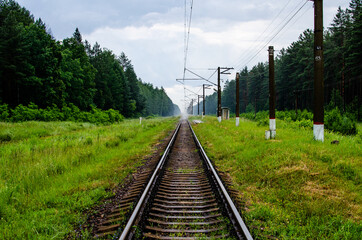 Railway track goes into the distance through the summer forest