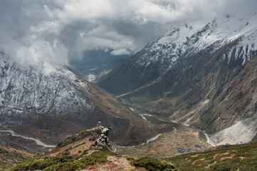Budhi Gandaki River valley as seen from north-west to south-east down to Samagaon village from a...