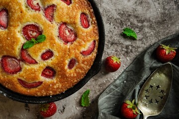 Homemade Skillet strawberry Cake with copy space