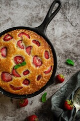 Homemade Skillet strawberry Cake with copy space