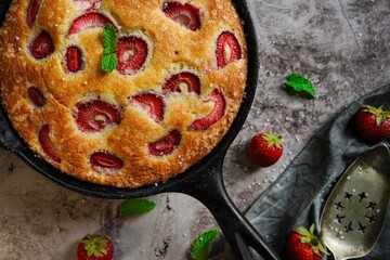 Homemade Skillet strawberry Cake with copy space