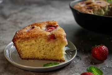 Homemade Skillet Strawberry Cake, selective focus