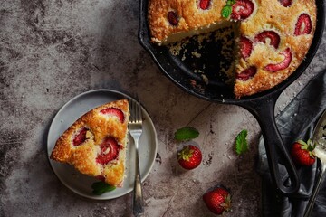 Homemade Skillet Strawberry Cake, selective focus