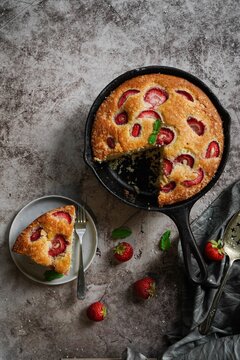 Homemade Skillet strawberry Cake with copy space
