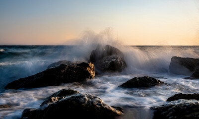 Long exposure on the rocks Doganbey, Seferihisar, Izmir, Turkey