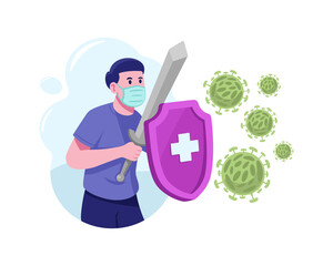 Fight Virus concept with shield and sword, holding knight shield to protect from COVID-19 Virus vector illustration
