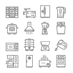 Modern kitchen household domestic appliances thin line icon set