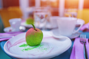 green and pink fresh apple like baked dessert with coffee in cafe in morning
