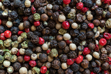 Fullscreen macro closeup with shallow depth of field of unmilled red, green, white and black peppercorns