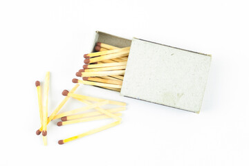 Open box of matches on a white background.