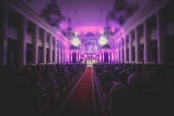 A view of philharmonia philharmonic concert hall isle with pipe organ and orchestra playing classical music in the backround - obrazy, fototapety, plakaty