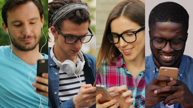 Collage of multi-ethnic young people outdoors. Handsome Caucasian man in earphones listening to music. Beautiful joyful girl texting on smartphone on street. African American guy browsing on cellphone