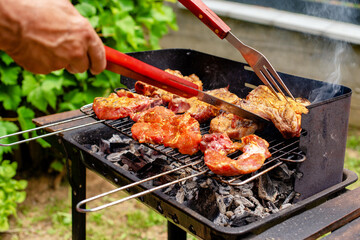 Preparing grilled food in the garden