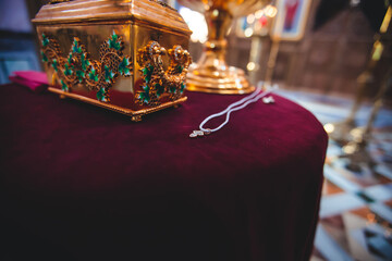 Russian orthodox church cathedral interior, with icons, iconostasis and other decoration elements