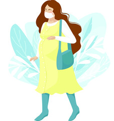 Pregnant girl in a medical mask and gloves protected from viruses and microbes. Cartoon vector illustration