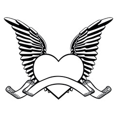 Tattoo Illustration Wings With Heart Love Quality Stamp Round Design Vector Insignia Valentine's Day.