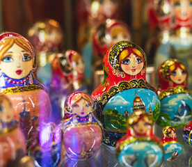 Wooden Nesting Dolls or Russian Matryoshka Dolls for sale in St Petersburg, Russia, Matryoshka dolls - traditional Russian souvenirs for foreign tourists